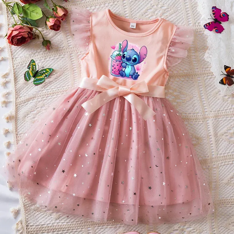 Color: Khaki, Kid Size: 4T - Lilo Stitch Girls Sequin Tutu Dress with Bow Flutter Sleeves Summer Princess Party Outfit for Toddler Kids 2-6 Years