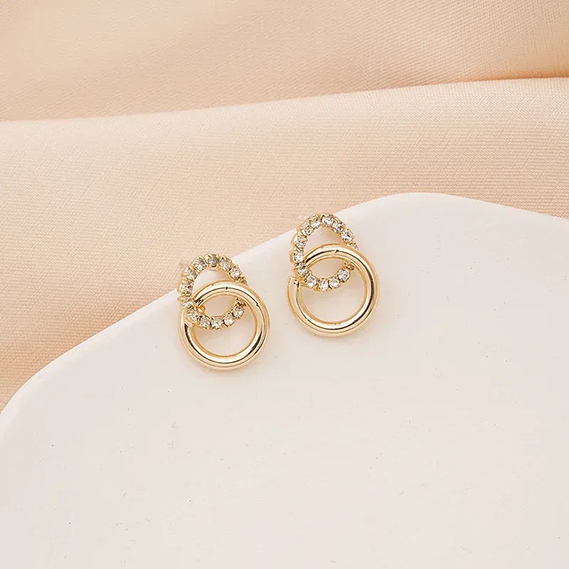 Metal Color: BRONZE - 2023 Korean Simple Double Circle Gold Color Metal crystal Stud Earrings For Women Fashion Exquisite Jewelry Best Friend Gifts