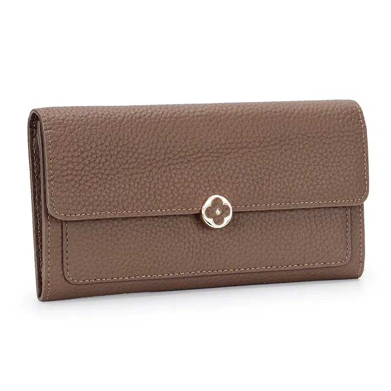 Color: Khaki - Women's Wallet 2025 New Full Leather Long Wallet Cross-border First Layer Cowhide Women's Long Clip Leather Clutch Pouch
