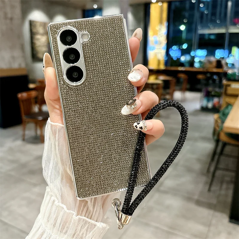 Color: Beige, Material: CANVAS - Luxury Flash Diamond Sparkling phone case for Samsung Galaxy Z Fold 6 5 zfold 4 Electroplated bracelet shockproof cover