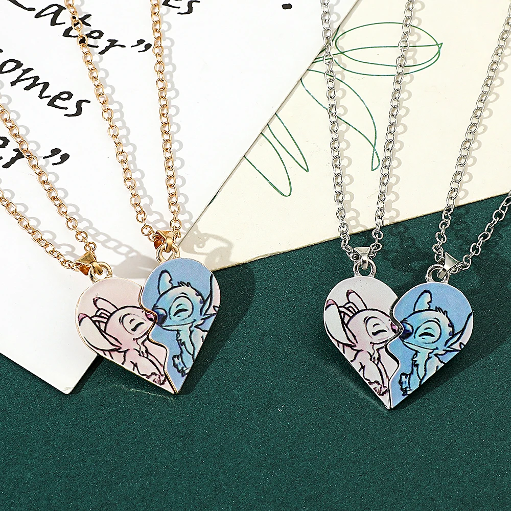 Metal Color: Antique Bronze Plated - Disney-Stitch Heart Necklace for Couple, Gold and Silver Color, Angel and Stitch, Cute Style , Jewelry Pendant, Gift for Girl, 1