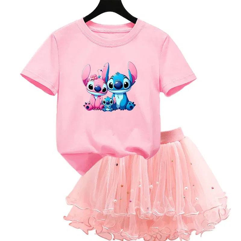 Color: Red, Kid Size: 3T - 2pcs Lilo Stitch Summer Girls Outfits Cartoon T-shirt and Tutu Skirt Princess Clothes Suit Children Birthday Clothing Sets