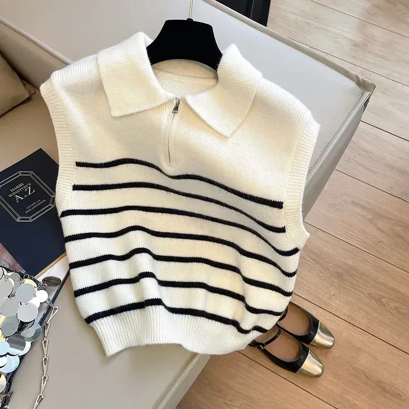 Color: black, Size: One Size - Retro lapel zipper stripe knitted waistcoat women Autumn Winter Korean fashion sleeveless sweaters casual simple pullover vest