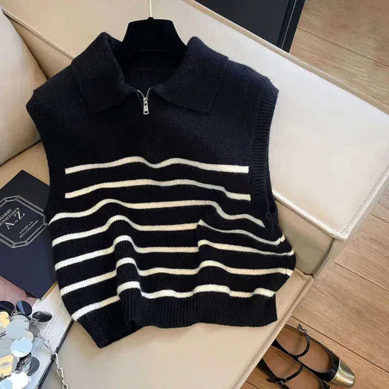 Color: black, Size: One Size - Retro lapel zipper stripe knitted waistcoat women Autumn Winter Korean fashion sleeveless sweaters casual simple pullover vest