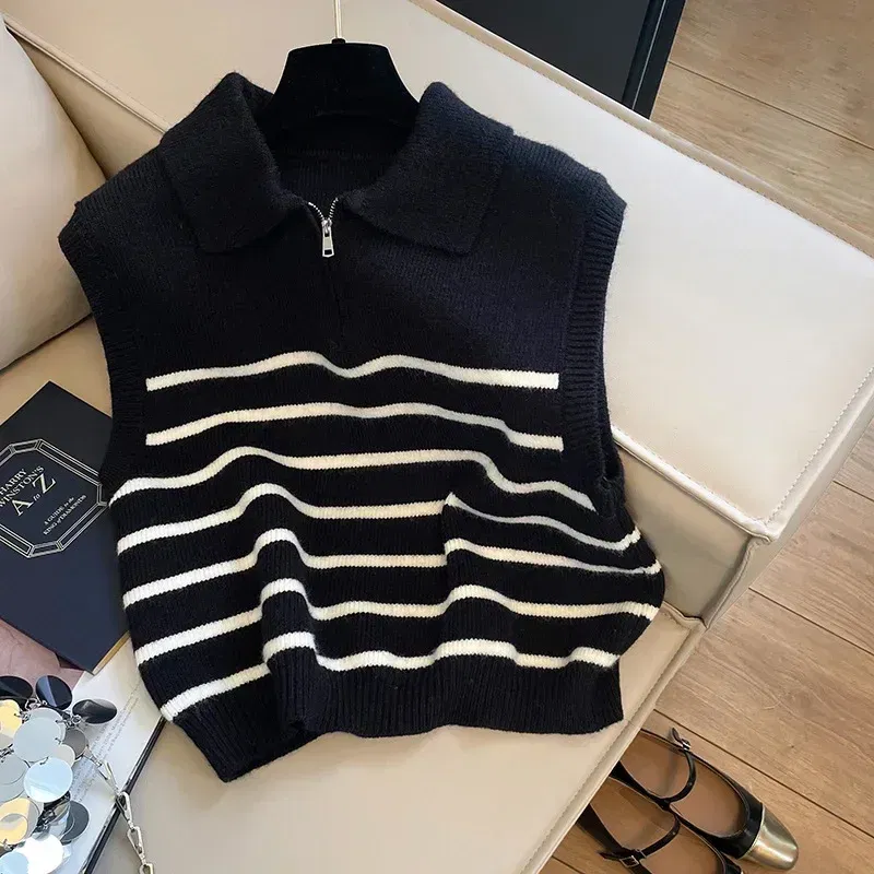 Color: black, Size: One Size - Retro lapel zipper stripe knitted waistcoat women Autumn Winter Korean fashion sleeveless sweaters casual simple pullover vest