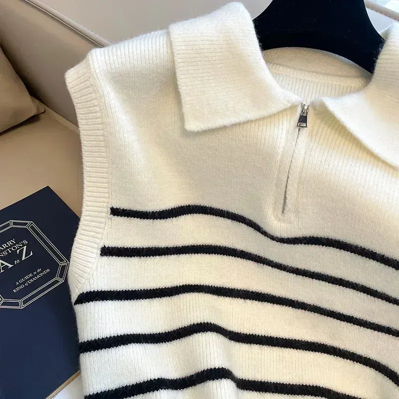 Color: black, Size: One Size - Retro lapel zipper stripe knitted waistcoat women Autumn Winter Korean fashion sleeveless sweaters casual simple pullover vest