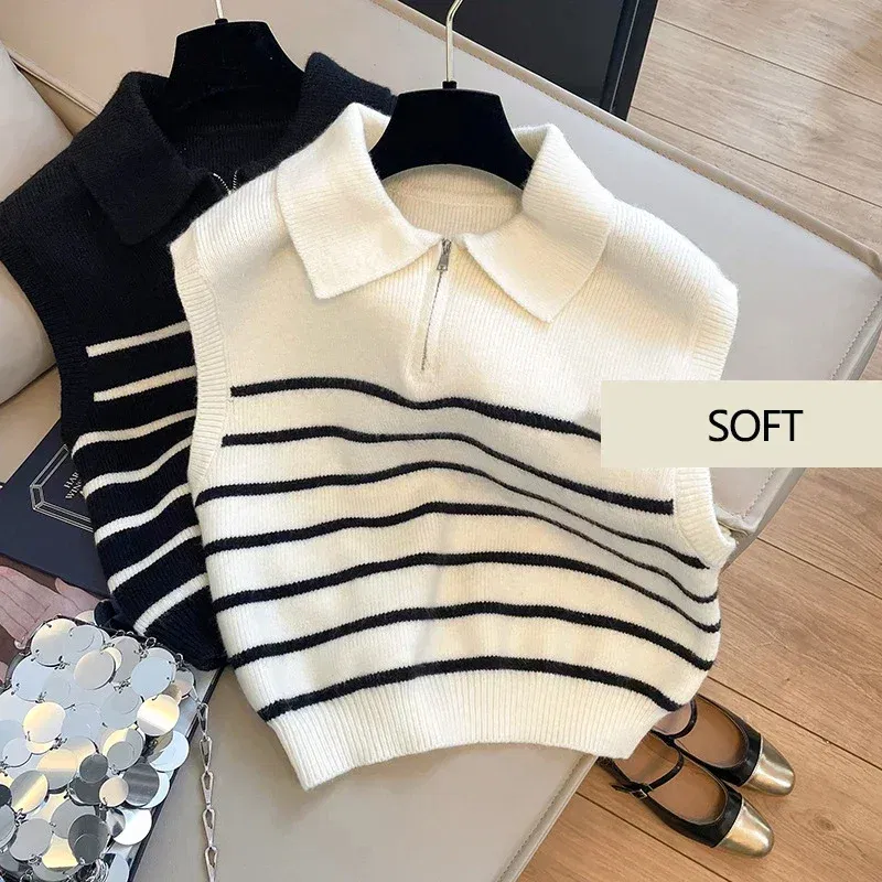 Color: black, Size: One Size - Retro lapel zipper stripe knitted waistcoat women Autumn Winter Korean fashion sleeveless sweaters casual simple pullover vest