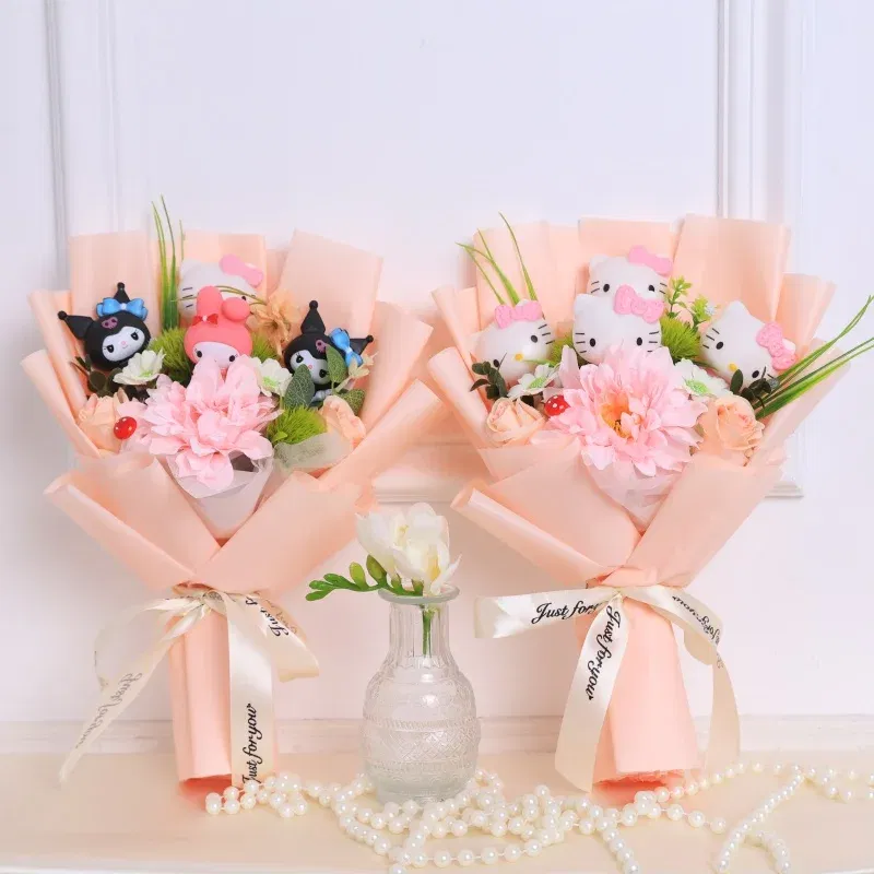 Color: Khaki - Kawaii Hello Kitty Cat Dolls With Artificial Flowers Creative Bouquet Christmas Valentine Birthday Graduation Gifts