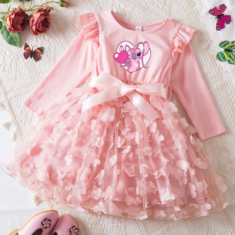 Color: Dark Grey, Size: One Size, Height: 170 - Lilo Stitch Girl Baby Dresses Spring Autumn Child Long Sleeve Sweet Princess Dress Mesh Newborn Casual Dress Birthday Party 2-6Y