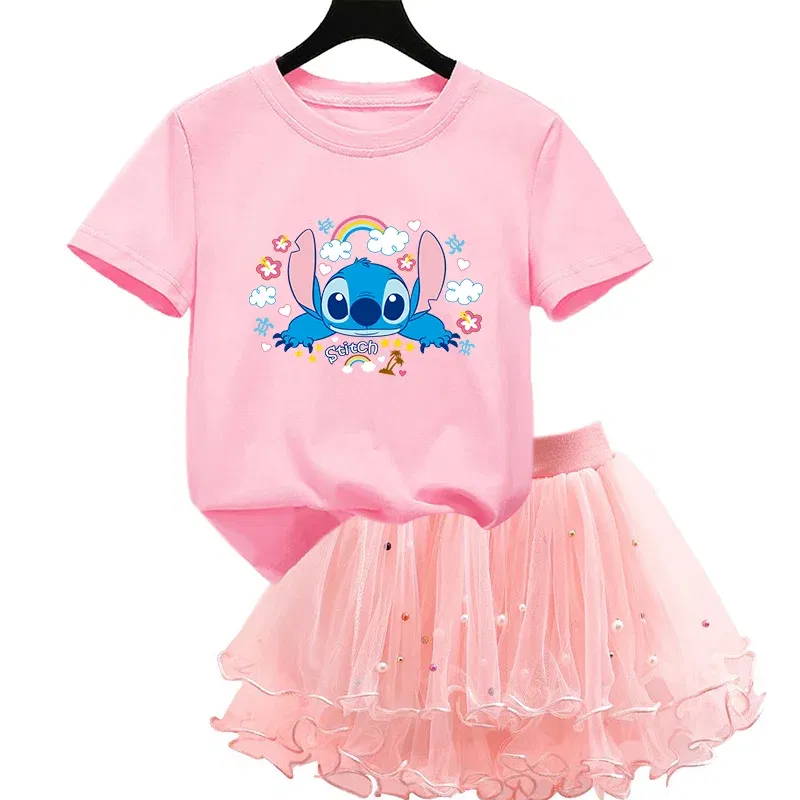 Color: Silver, Kid Size: 4T - 2pcs Lilo Stitch Summer Girls Outfits Cartoon T-shirt and Tutu Skirt Princess Clothes Suit Children Birthday Clothing Sets