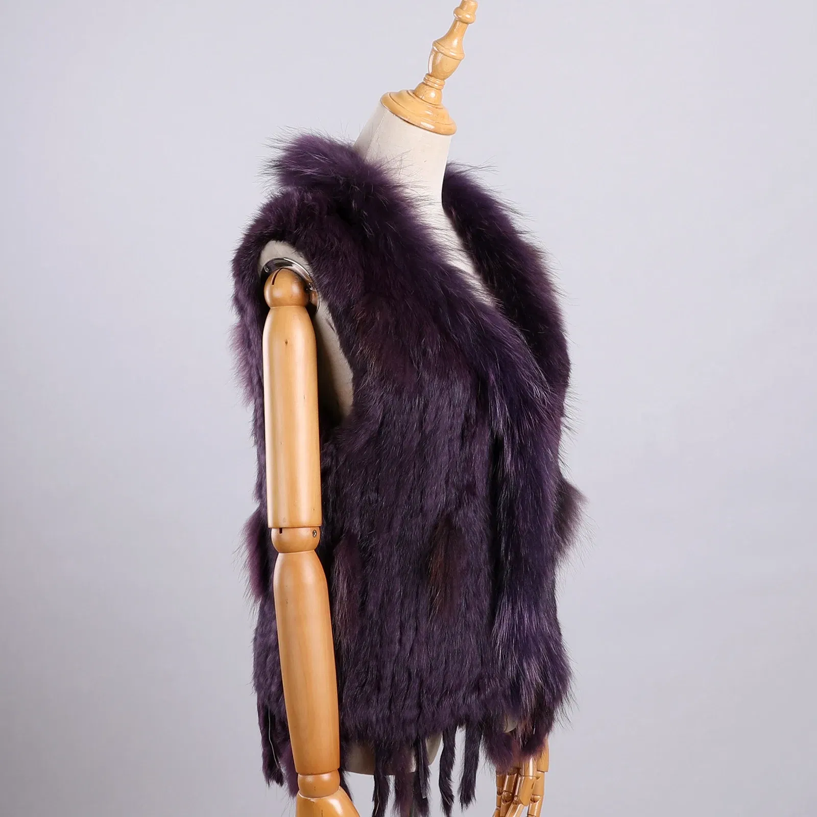 Color: PURPLE, Size: L - Luxury Women's Genuine Premium Long Hair Rabbit Fur Knit Vest Raccoon Fur Trim Gilet Lady Sleeveless Waistcoat Real Fur Jacket