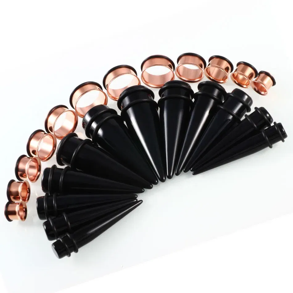 Metal color: ROSE GOLD COLOR - 24pcs/lot Acrylic Septum Stretching Kit Sector Expander Stainless Steel  Ear Stretching Kit 10mm to 20mm Ear Plugs and Tunnels