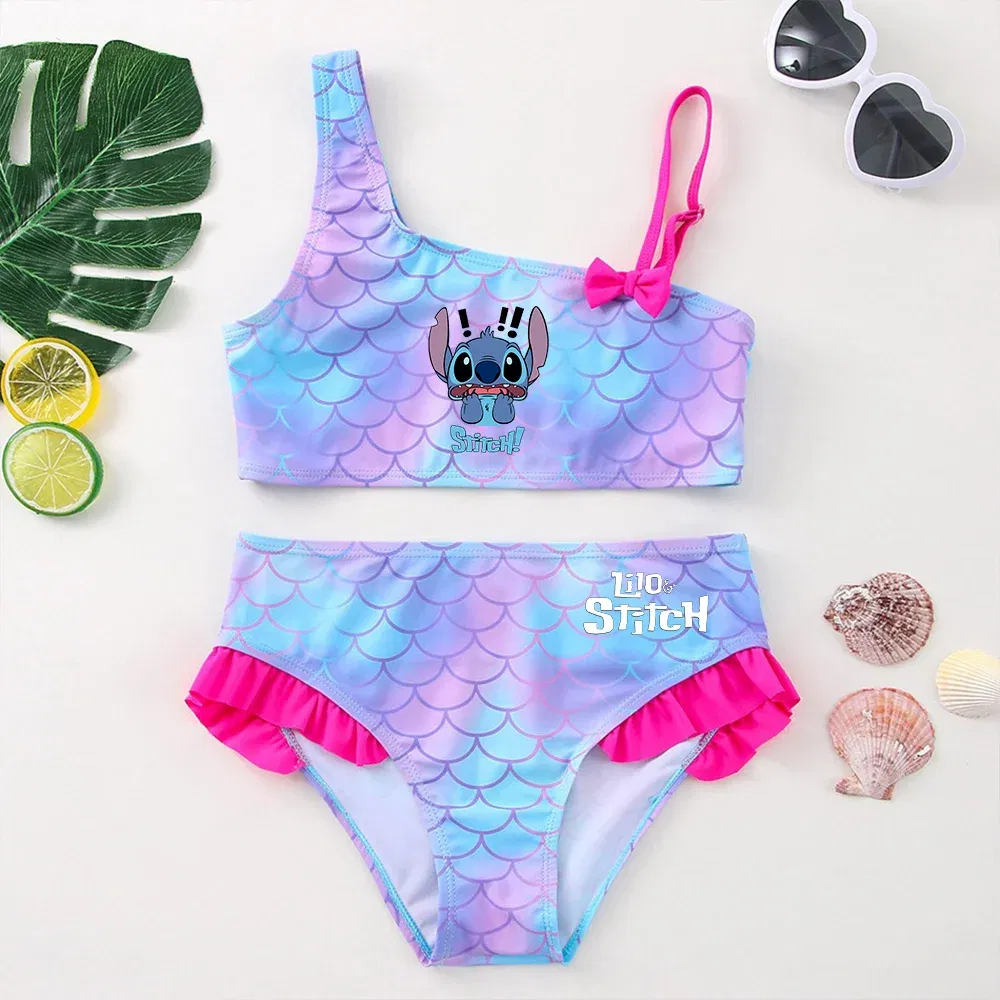 Color: MULTI, Size: XL - Lilo Stitch Girls Swimsuit One-Piece Bathing Suits Kids Wear Fashion Mermaid Fish Children's Dresses Summer Swimwear Beach Suit