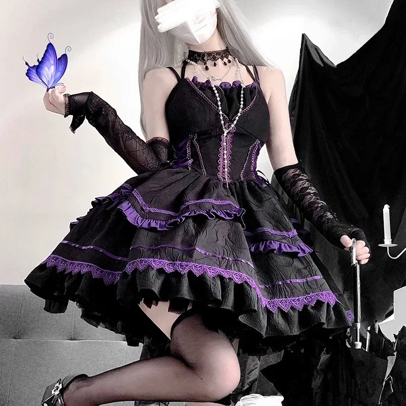 Color: black, Size: S - Japanese Harajuku Gothic Sling Dress for Girl, Black Purple Bow Bandage Stitching, Lolita Temperament, Kawaii Sweet Fashion, New