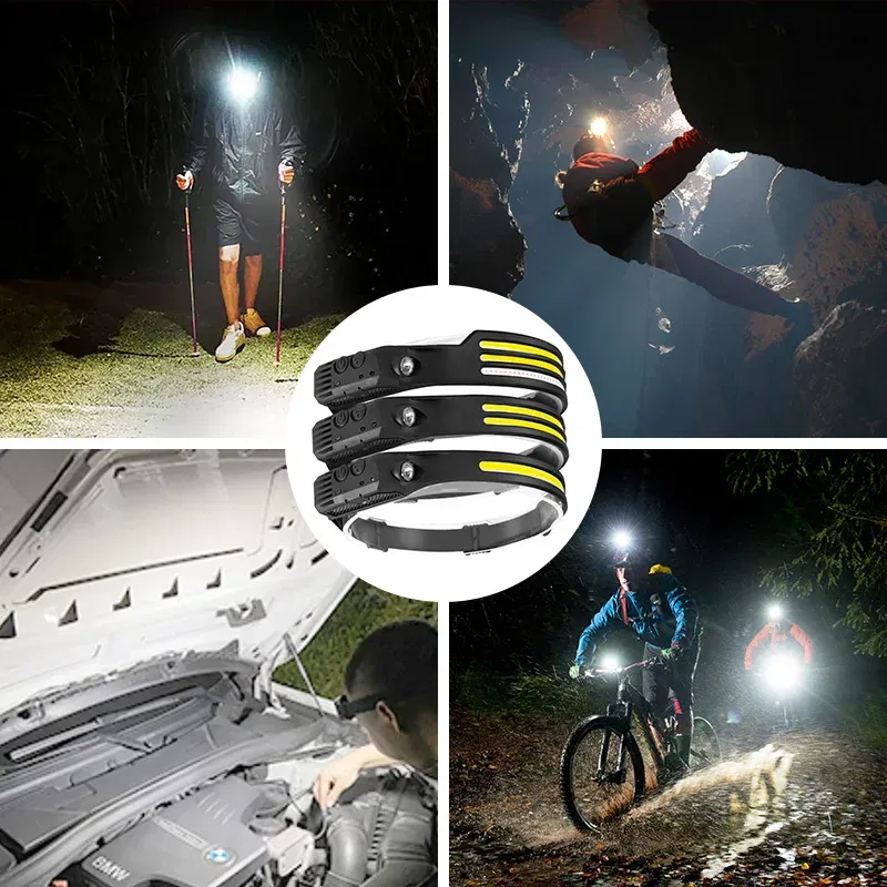 Emitting Color: Blue - Induction Headlamp COB LED Sensor Head Lamp Built-in Battery Flashlight USB Rechargeable Head Torch 5 Lighting Modes Headlight