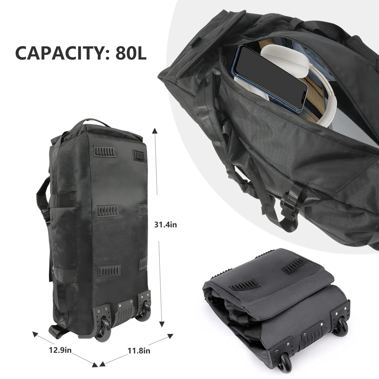 Color: GRAY - 80L Rolling Duffle Bag with Wheels 31" Heavy-Duty Foldable Travel Duffel Bag Water-Resistant Wheeled Luggage with Shoulder Strap