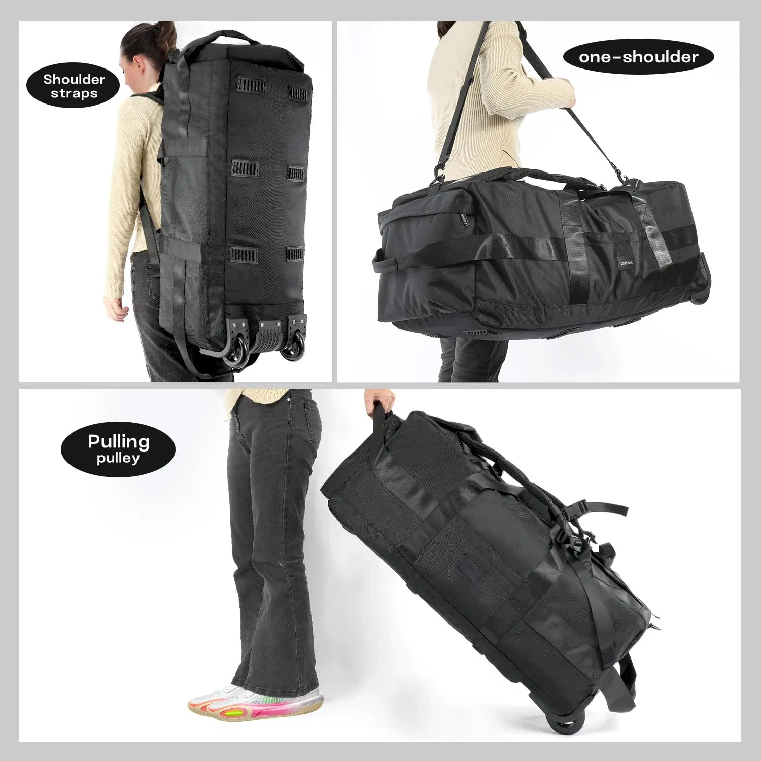 Color: GRAY - 80L Rolling Duffle Bag with Wheels 31" Heavy-Duty Foldable Travel Duffel Bag Water-Resistant Wheeled Luggage with Shoulder Strap
