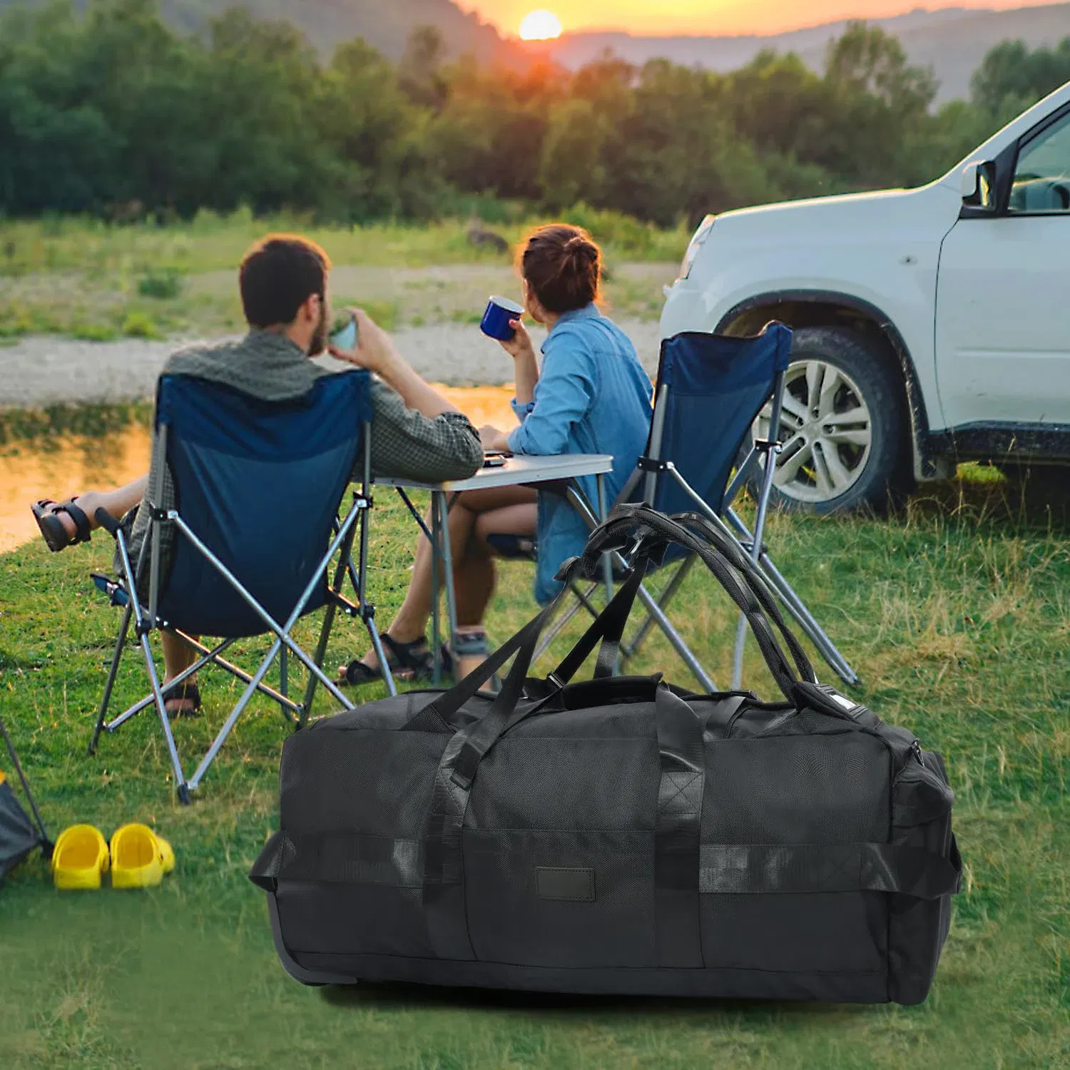 Color: GRAY - 80L Rolling Duffle Bag with Wheels 31" Heavy-Duty Foldable Travel Duffel Bag Water-Resistant Wheeled Luggage with Shoulder Strap