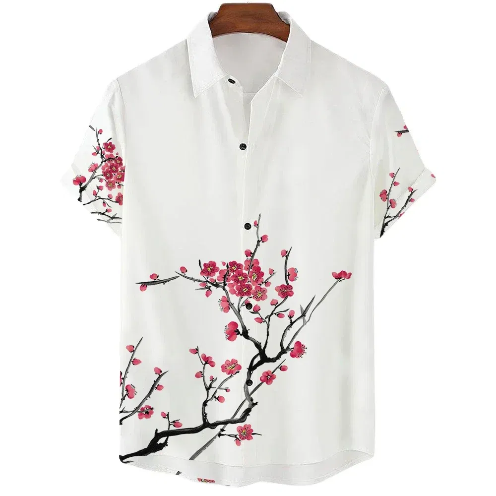 Color: Khaki, Size: M - Fashionable Luxury Social men's Shirt Lapel button-down Shirt Casual Japanese Aesthetic Cherry Blossom Print short-sleeved Tops