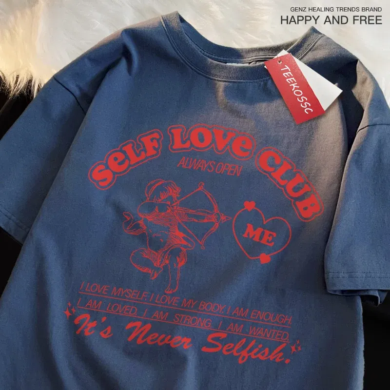 Color: black, Size: L - Self Love Club Fun Cupid Men Women T Shirts Breathable Street Tee Clothes Cotton Summer Fashion Loose Casual Oversized T Shirt