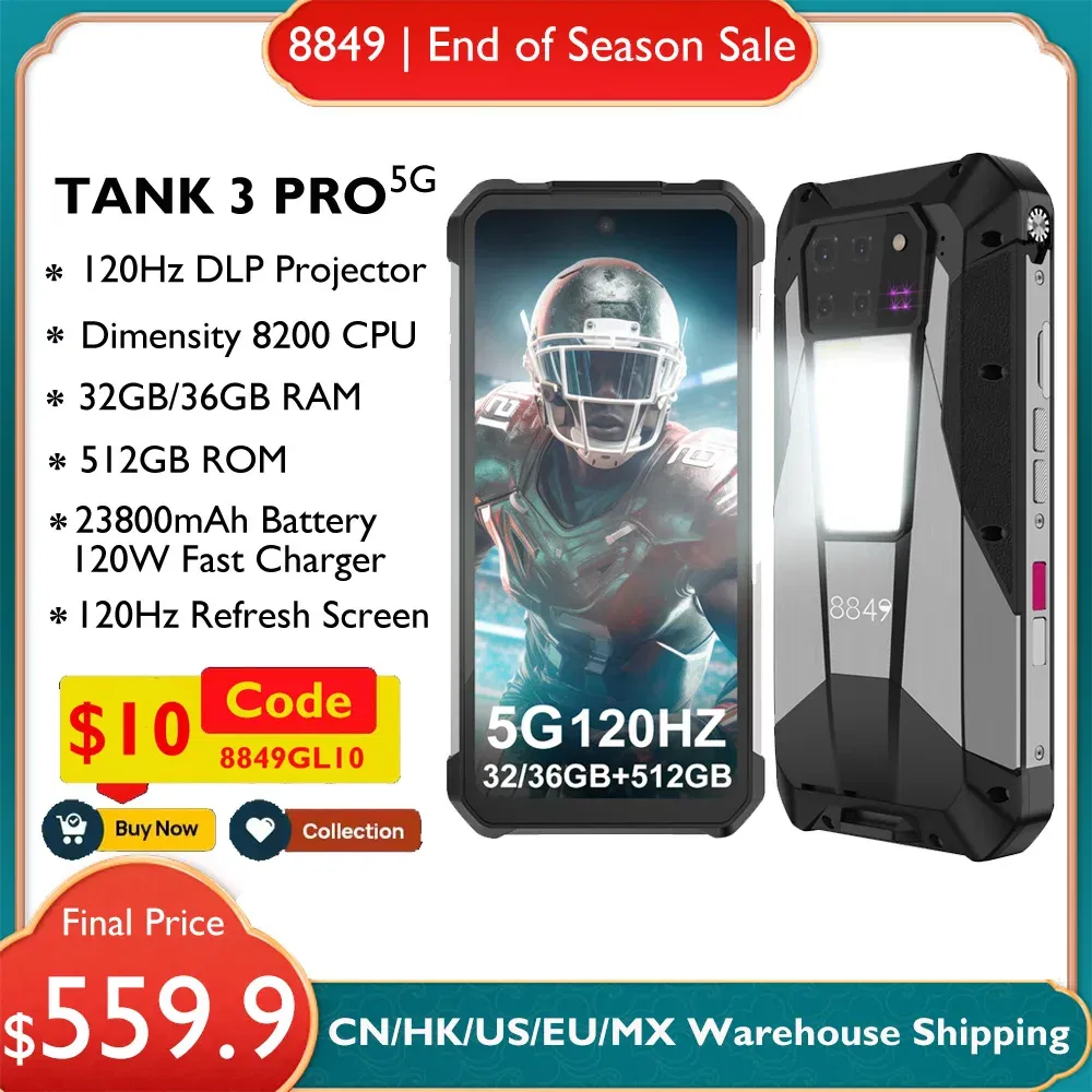 Color: GRAY, Ships From: CHINA, RAM: 18GB, Bundle: Bundle 1, ROM: 512G - 8849 Tank 3 Pro by Unihertz Rugged Projector Smartphone Android 23800mAh 32/36GB RAM 512GB ROM 5G 120W Charger OTG Phone