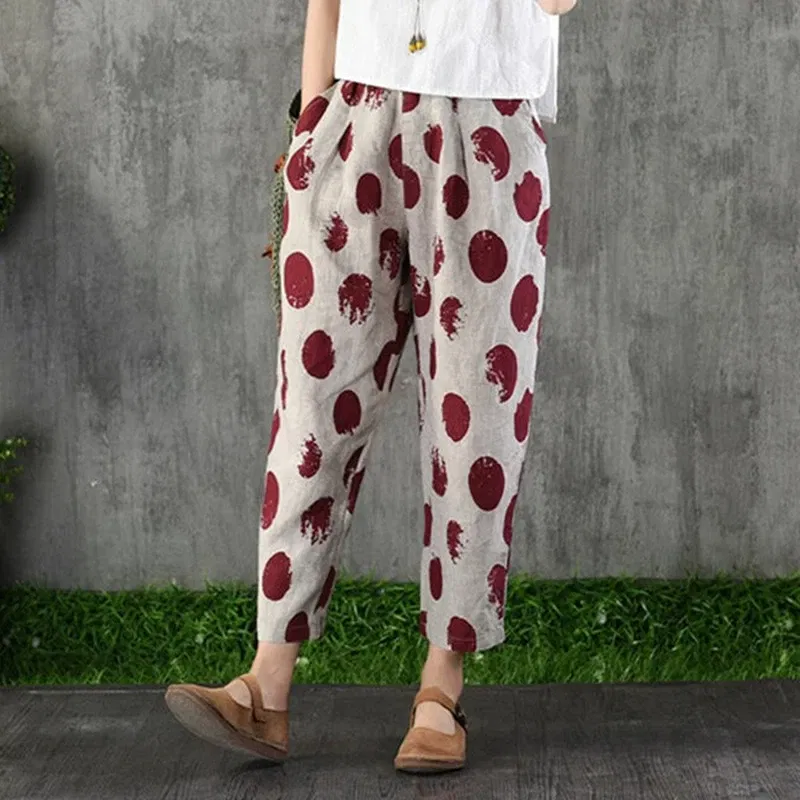 Color: Beige, Size: M - Cotton and Linen Pants for Women Summer  Printing Harem Pants Female Mother Loose Retro Fashion Women's Ankle Length  Pants