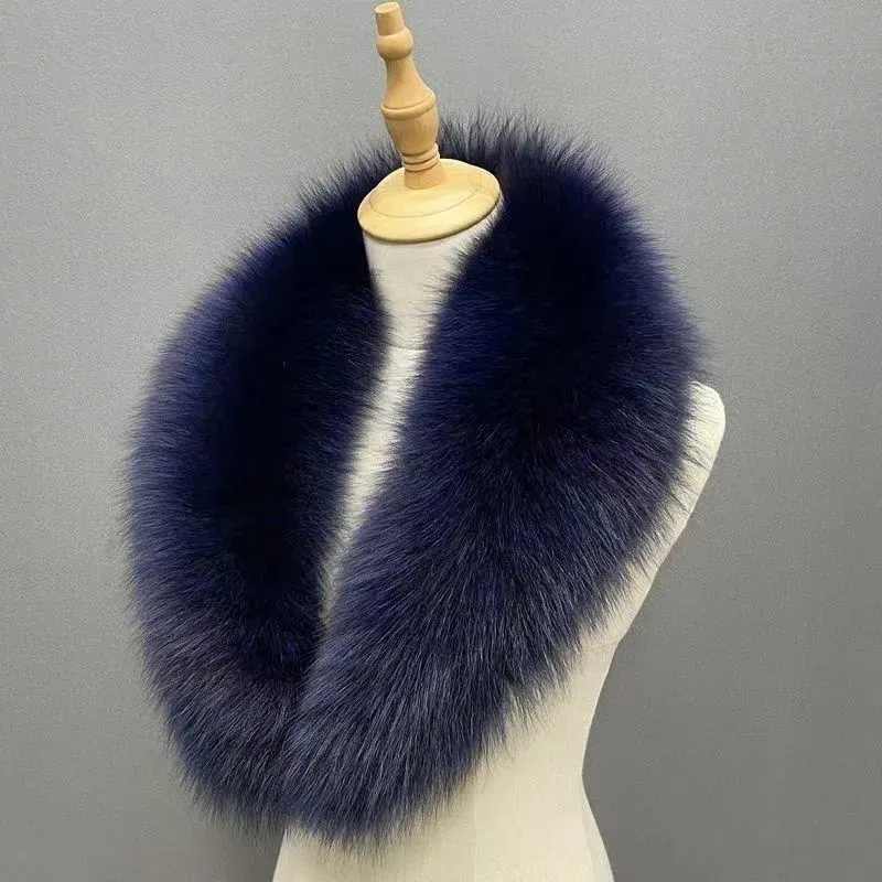 Color: PEACOCK BLUE, Size: L - Winter Real Fox Fur Collar Woman Furry Natural Raccoon Fur Scarf Shawls Luxury Neck Warmer Wraps For Coat Fur Scarves Large Size