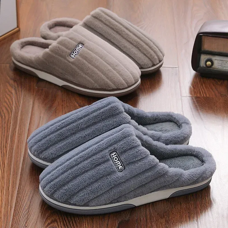 Color: Brown, Shoe Size: 48-49 - New Men Big Size 48 49 Winter Warm Slippers Women Soft Plush Furry Shoes Casual Flats Home Couples Bedroom Anti-Slip Slides