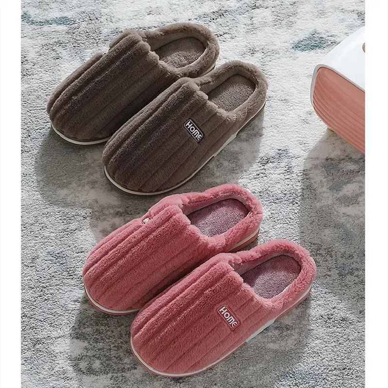 Color: Brown, Shoe Size: 48-49 - New Men Big Size 48 49 Winter Warm Slippers Women Soft Plush Furry Shoes Casual Flats Home Couples Bedroom Anti-Slip Slides