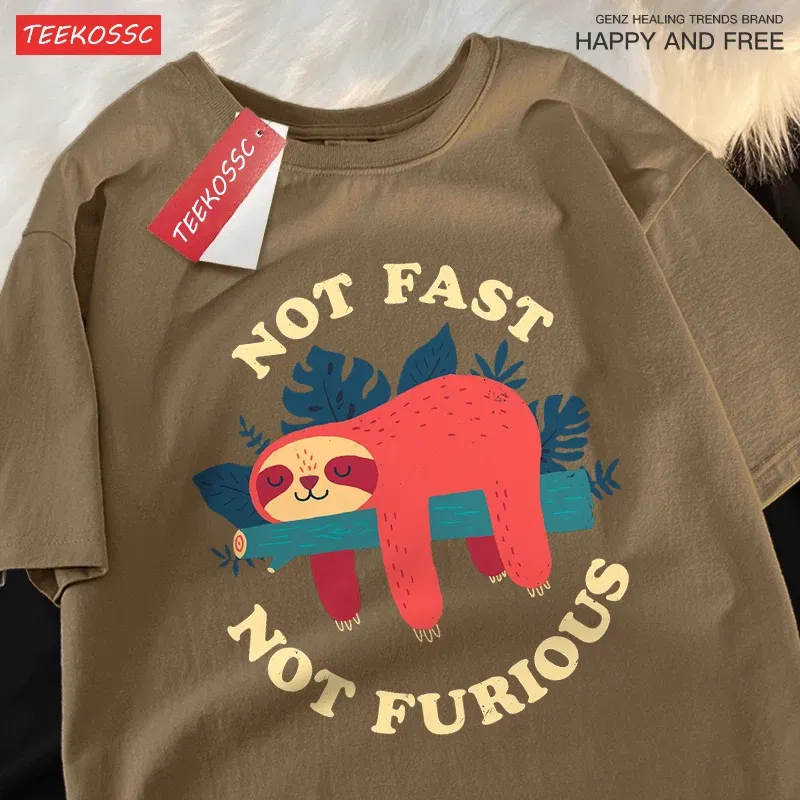 Color: army green, Size: M - Not Fast Not Furious Cute Sloth Male T Shirts Hip Hop Crewneck Short Sleeve Summer Cotton Tops Casual Sweat Oversized T-Shirts