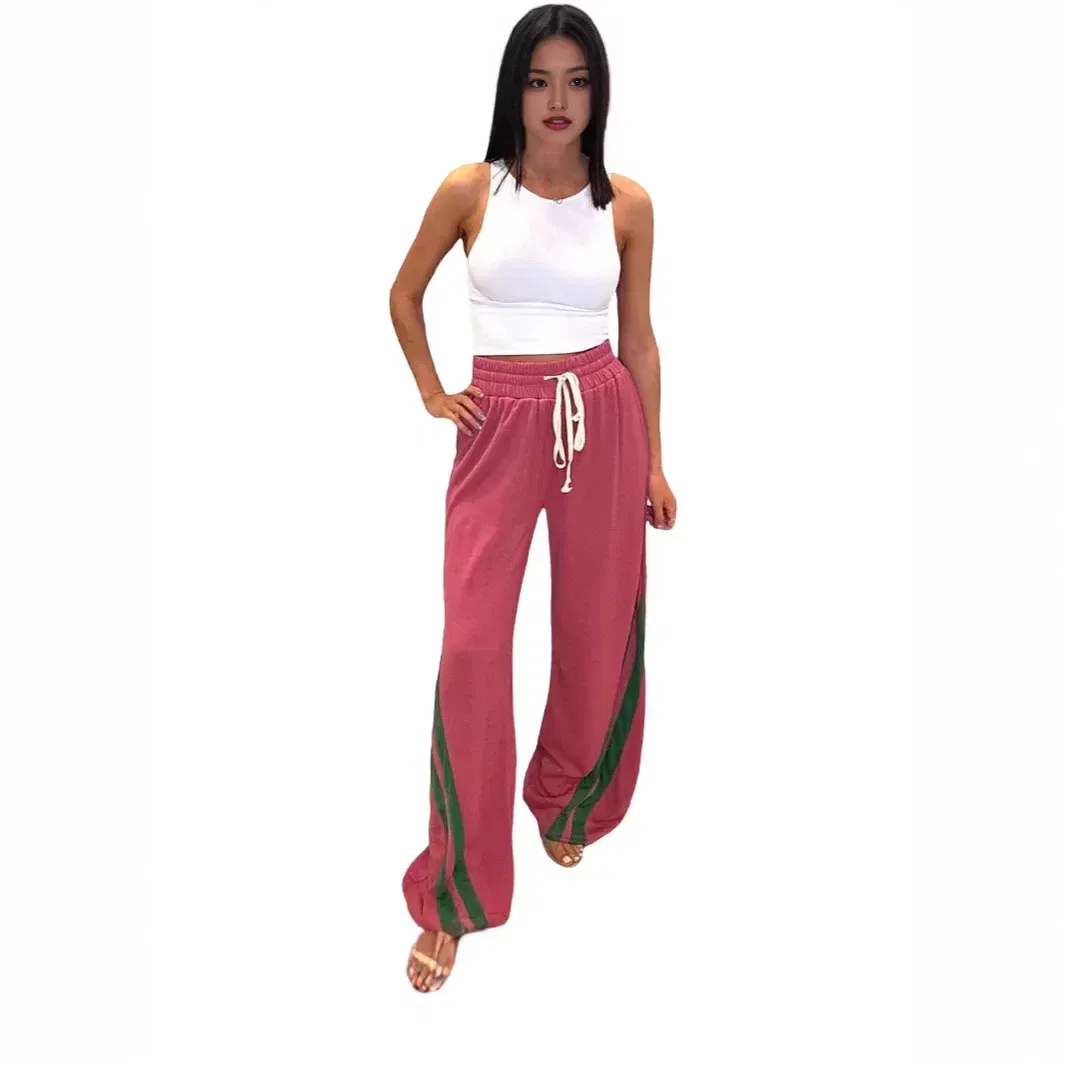 Color: Red, Size: M - Women Wide Leg Pant Long Pants High Elastic Waist Elegant Splice Pocket Simple Casual Loose Straight Trousers Lace Up Streetwear