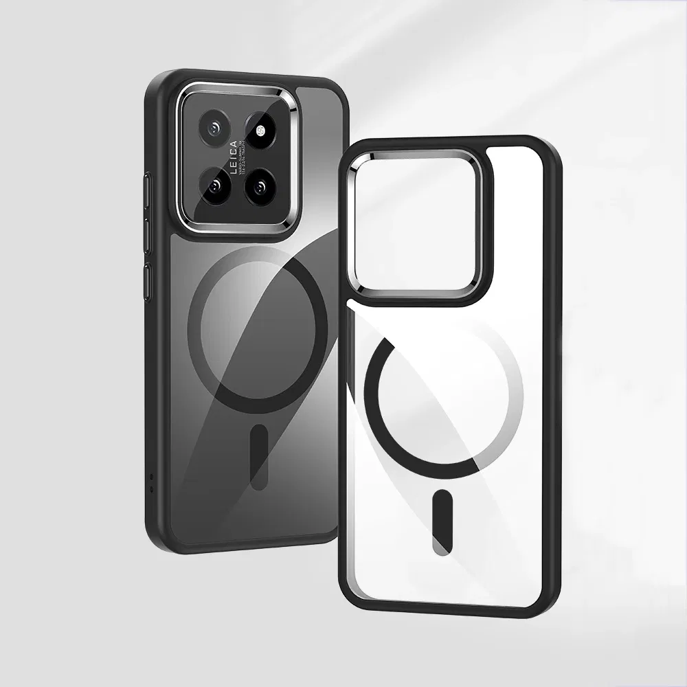 Color: Black, Material: Aluminum - Luxury HD Transparent Shockproof Bumper Case For Xiaomi Mi 14 Pro Ultra For Magsafe Magnetic Wireless Charge Back Cover Shell