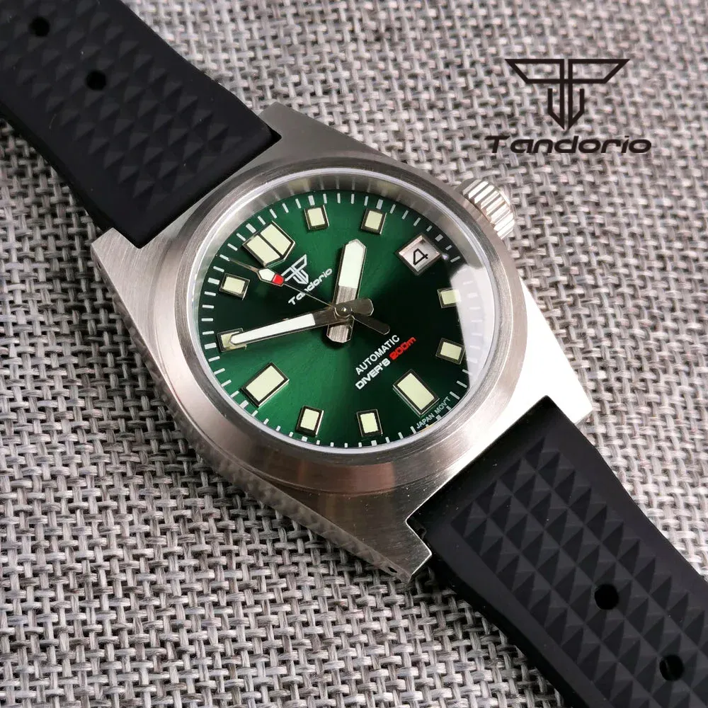 Color: WHITE - Tandorio Black/Blue/Green Sunburst Dial NH35A 38mm Automatic Men's Watch 200M Brushed Case AR Sapphire Crystal Rubber Strap