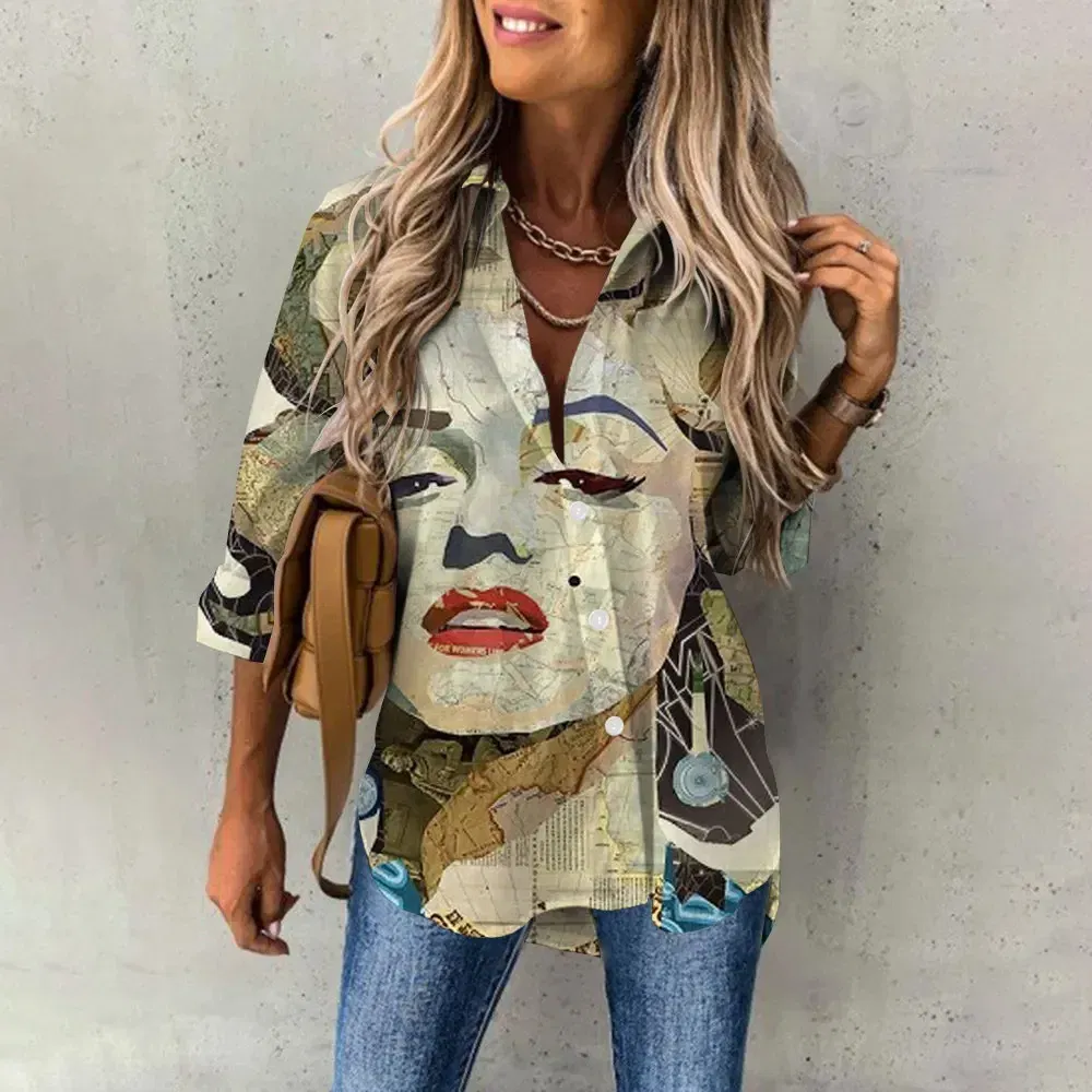 Color: PURPLE, Size: M - Ladies Long Sleeved Shirt Vacation Style Coconut Tree 3D Digital Printed Button Up Collar Loose Casual Ladies Blouse 2024 Autumn
