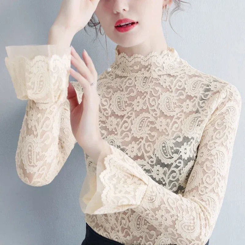 Color: Beige, Size: L - Sexy Transparent Long Sleeve Top Women 2025 Fashion Autumn Winter Basic Lace Blouses White Black Hollow Blusas Mujer Oversized