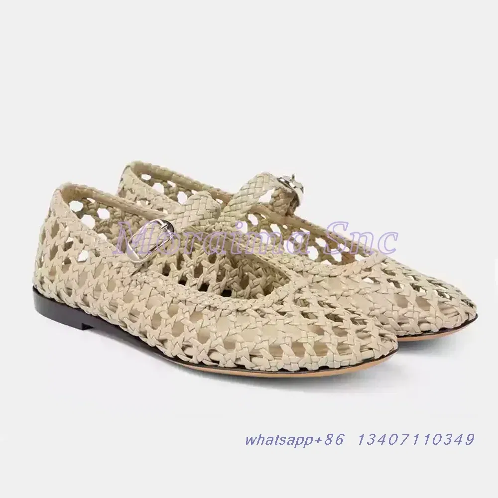 Color: Ivory, Shoe Size: 43 - Hollow Woven Leather Ballet Shoes Flat With Round Toe Ankle Buckle Strap Fashion Shallow Women Shoes Mary Janes Summer New 2025