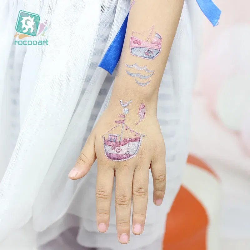 Color: SKY BLUE - 1Sheets Vehicle Temporary Tattoo Small Cars Helicopter Train Steamship Hot Air Balloon Kid  Waterproof  Fake Tattoo Sticker