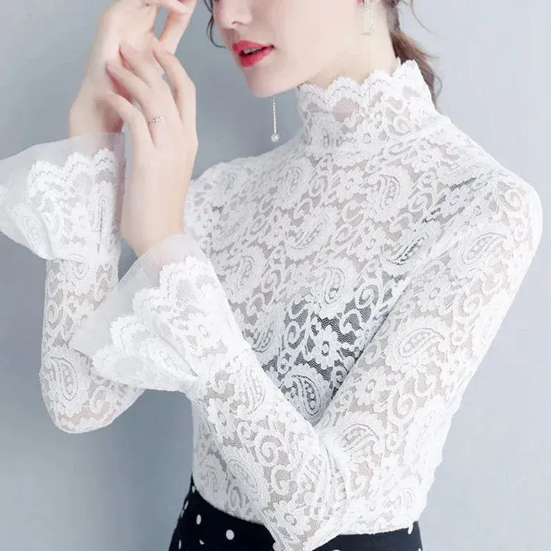 Color: Beige, Size: XXL - Sexy Transparent Long Sleeve Top Women 2025 Fashion Autumn Winter Basic Lace Blouses White Black Hollow Blusas Mujer Oversized
