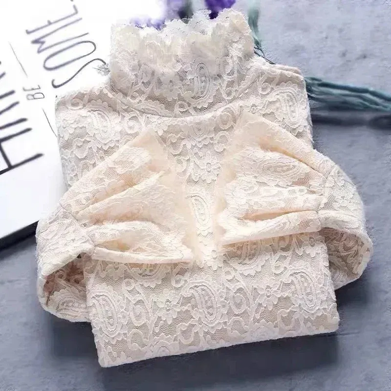 Color: Beige, Size: XXL - Sexy Transparent Long Sleeve Top Women 2025 Fashion Autumn Winter Basic Lace Blouses White Black Hollow Blusas Mujer Oversized