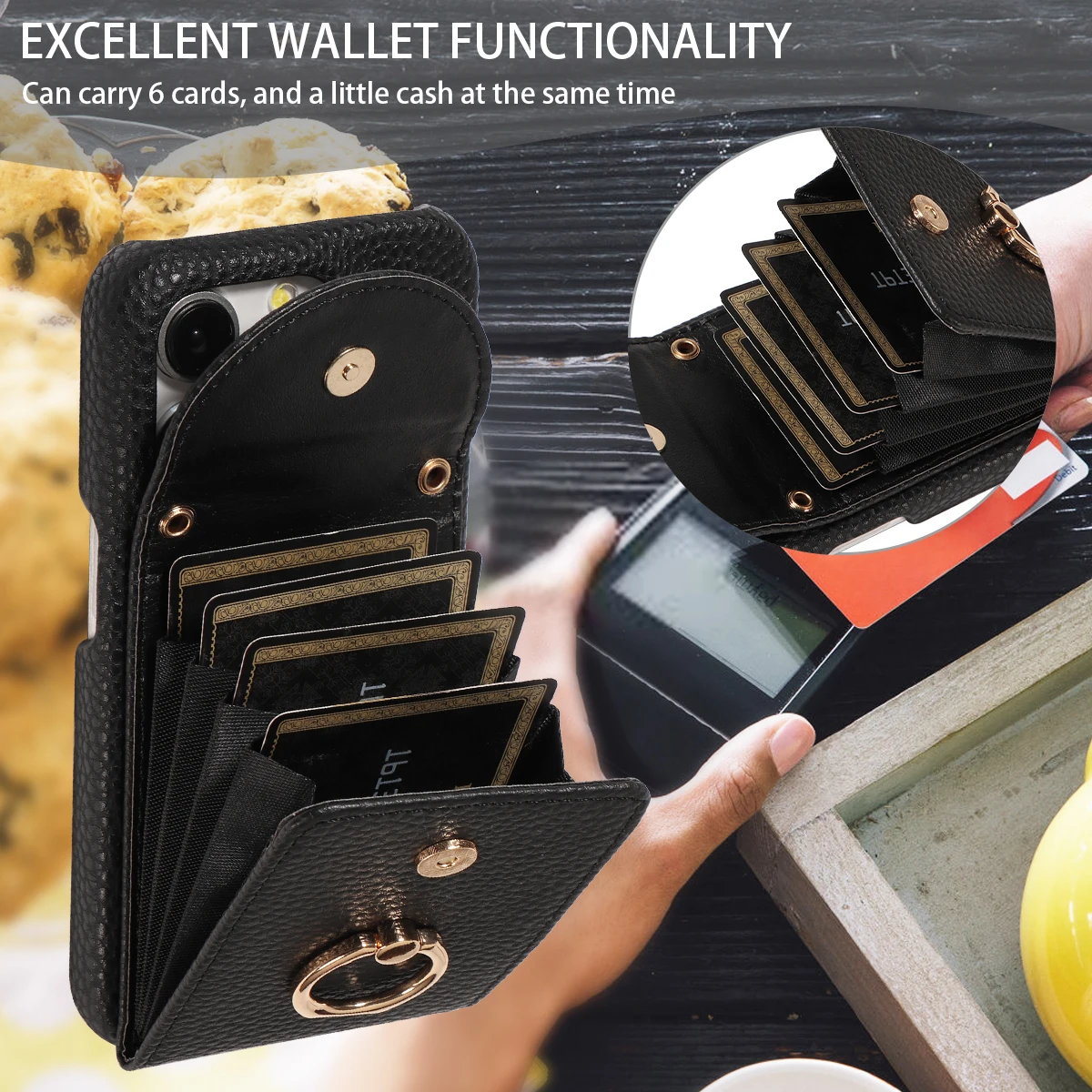 Color: black, Compatible-Phone Models: For iPhone 14 Plus, Bundle: Case & Strap, Material: Artificial Leather - High Quality Ring Stand Lychee Pattern Phone Case for IPhone16promax15 14 13 Crossbody with Lanyard PU Leather Anti-fall Cover