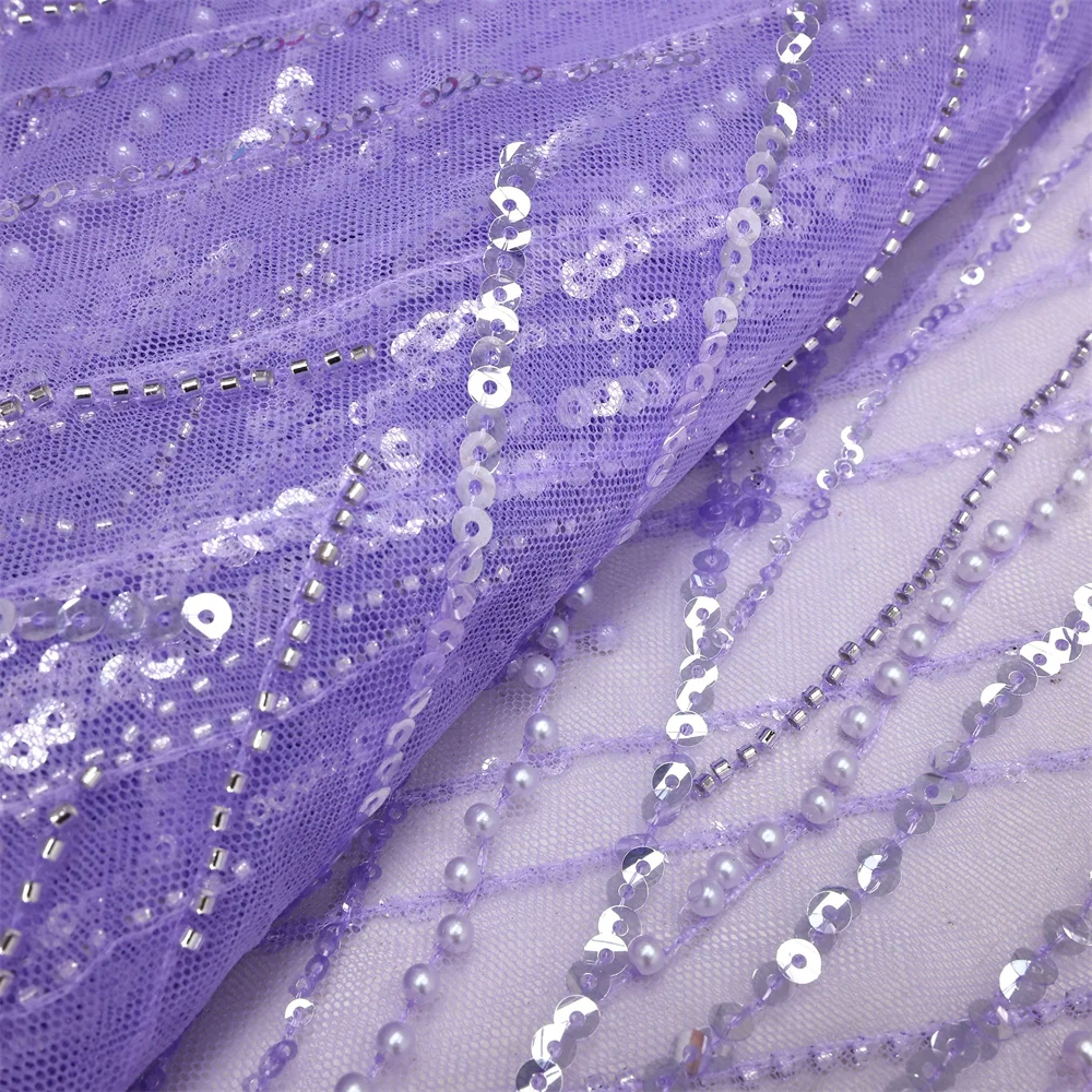 Color: pink, Length: 5 yards, Width: 120cm - Luxury African Sequins Beaded Lace Fabric 2025 High Quality Groom Nigerian Wedding Bridal Embroidery French Tulle Sewing
