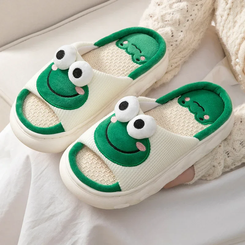 Color: light green, Shoe Size: 36-37 - Women Cartoon Frog Slippers Winter Warm Indoor Home Slides Linen Thick Sole Couple Slipper Bedroom Anti Slip Shoes Sandals