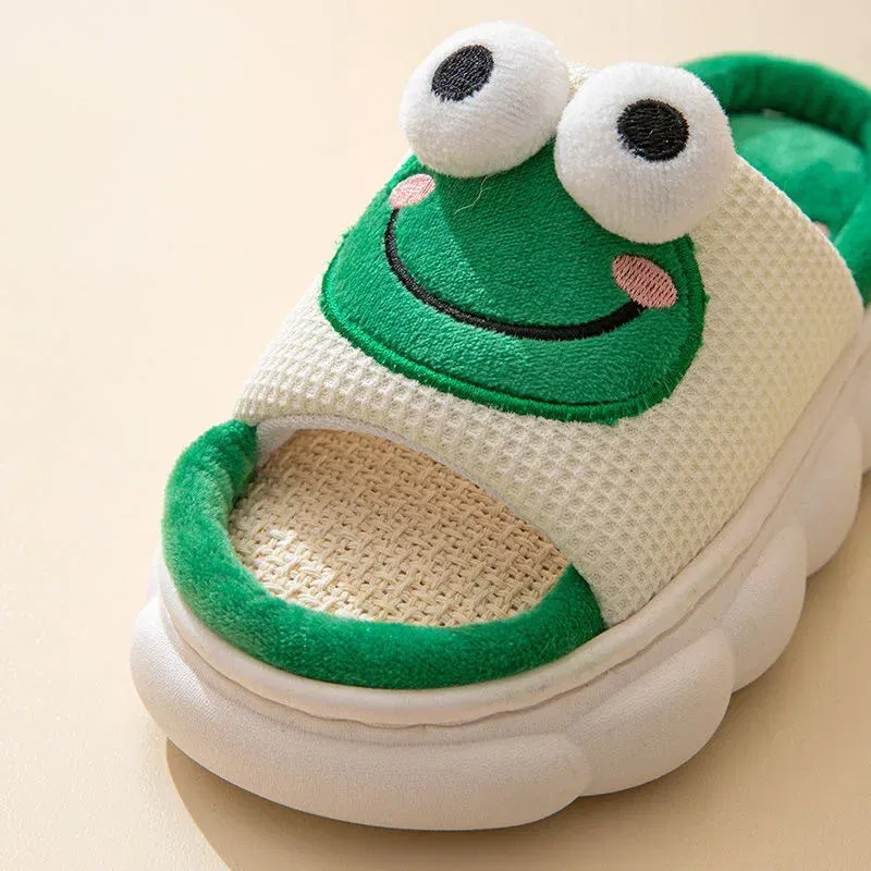 Color: light green, Shoe Size: 36-37 - Women Cartoon Frog Slippers Winter Warm Indoor Home Slides Linen Thick Sole Couple Slipper Bedroom Anti Slip Shoes Sandals