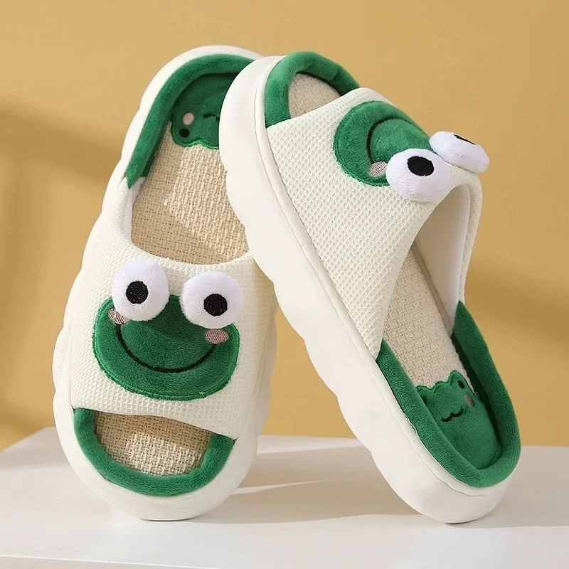 Color: light green, Shoe Size: 36-37 - Women Cartoon Frog Slippers Winter Warm Indoor Home Slides Linen Thick Sole Couple Slipper Bedroom Anti Slip Shoes Sandals