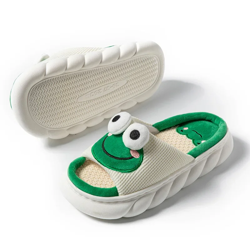 Color: light green, Shoe Size: 36-37 - Women Cartoon Frog Slippers Winter Warm Indoor Home Slides Linen Thick Sole Couple Slipper Bedroom Anti Slip Shoes Sandals