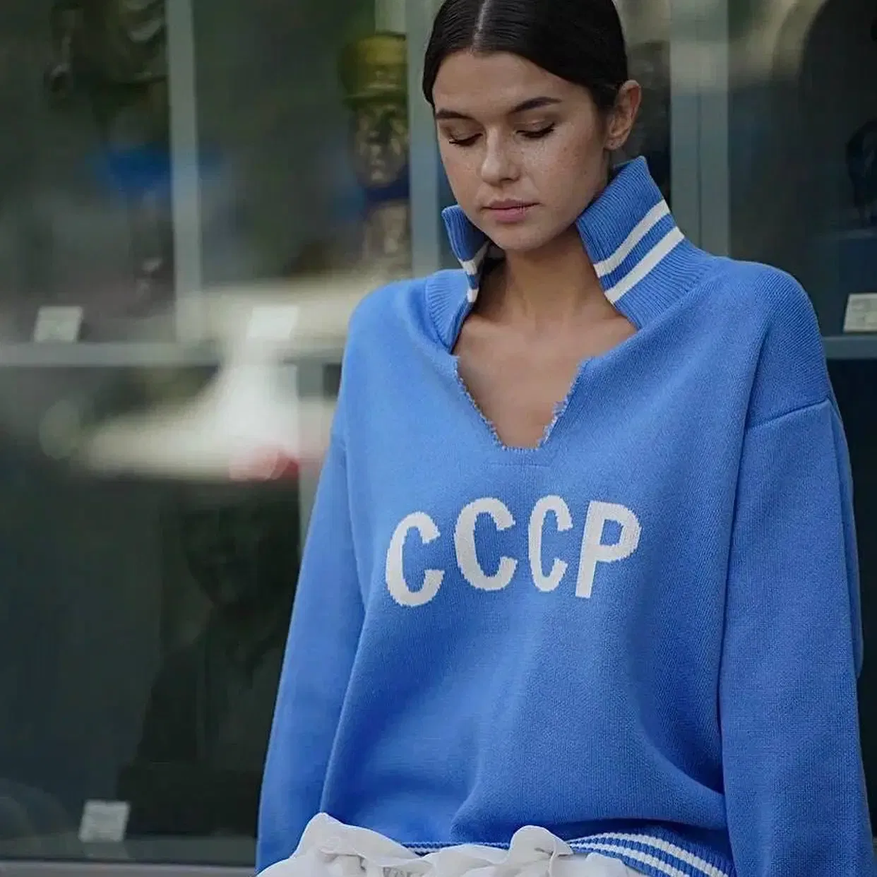 Color: Blue, Size: S - JHJN Autumn V-Neck Sweater Women Patchwork Letter Streety Tops Loose Casual Pullovers Long-Sleeved Knitted Shirts Women Sweater