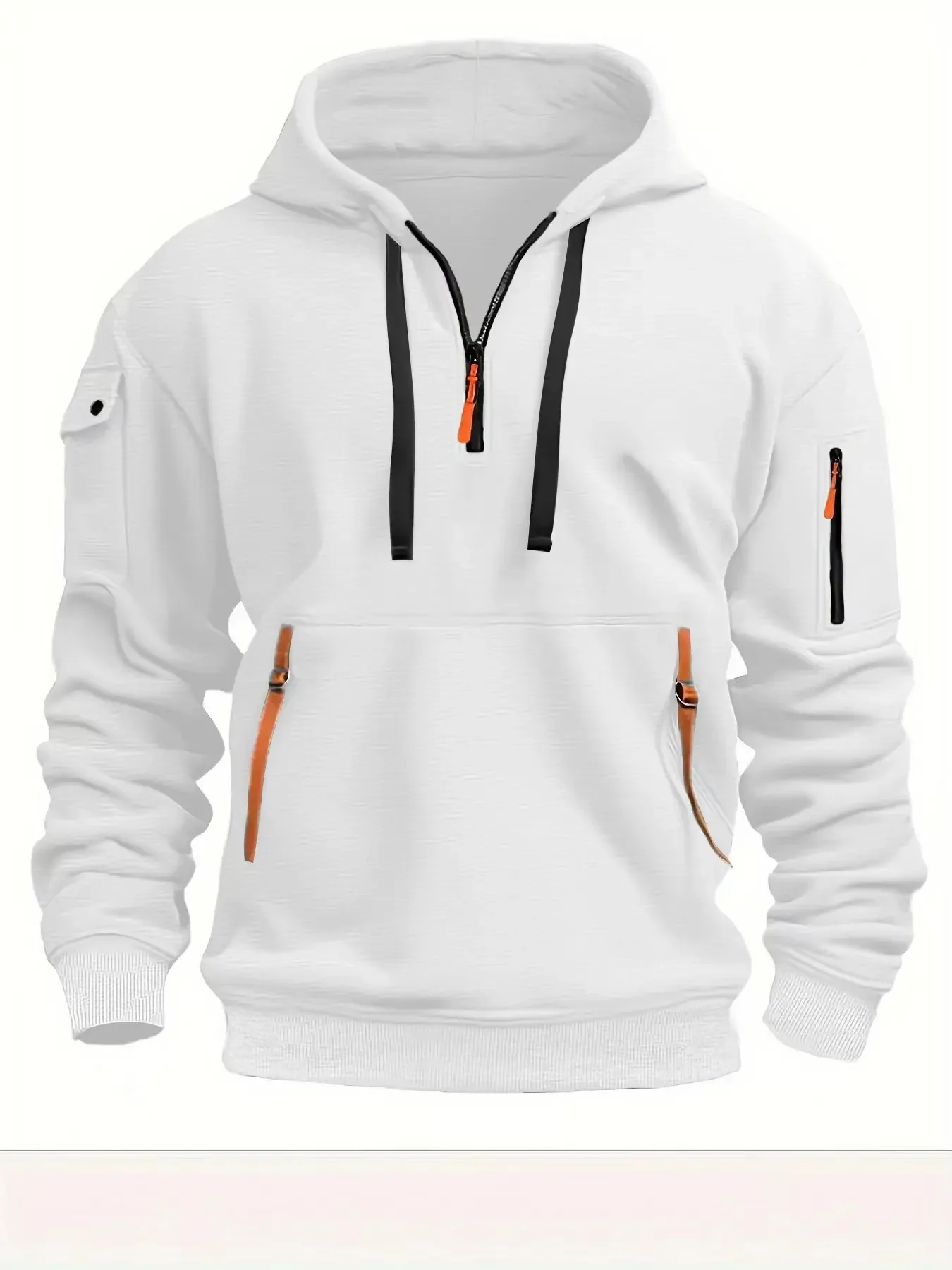 Color: WHITE, Size: XXXL, Sale by Pack: Pack of 1, Ships From: CHINA - New hoodie men zipper multi pocket hoodie Spring  Winter Fleece Warm Sweatshirt Fashion Streetwear Sports Hoody Solid Pullover