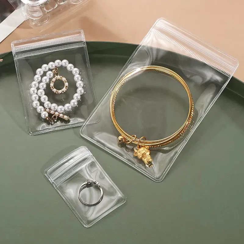 Size: L, Color: black - 100/10Pcs PVC Jewelry Package Bags Thicken Self Sealing Pouches Anti-Oxidation  Earring Necklace Clear Organizer Bag Reusable