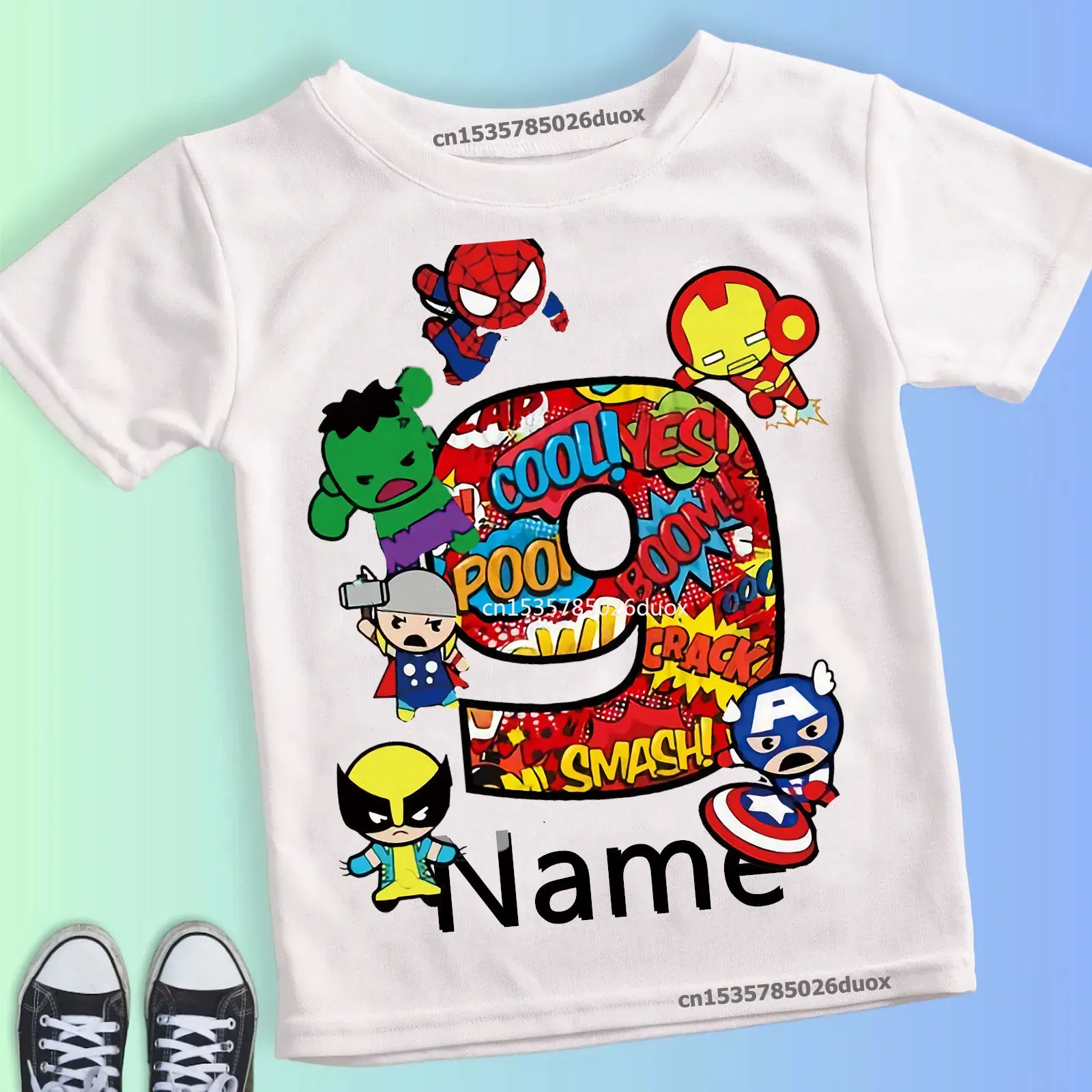 Color: green, Kid Size: 4T - Summer 2024 3 4 5 6 7 8 9 Marvel SuperHero Birthday Girl Short Sleeved T-shirt The Avengers Personalize Name Birthday Boy Shirt