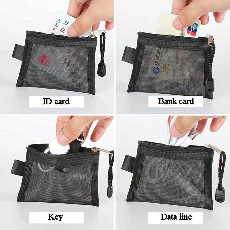 Color: Dark Grey - Mini Transparent Nylon Mesh Coin Bags Credit ID Card Organizer Portable Coin Purse Lipstick Earphone Data Line Key Storage Bag